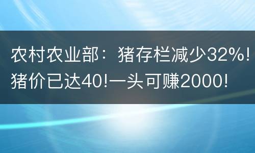 农村农业部：猪存栏减少32%!猪价已达40!一头可赚2000!