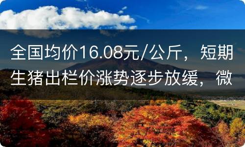 全国均价16.08元/公斤，短期生猪出栏价涨势逐步放缓，微涨行情为